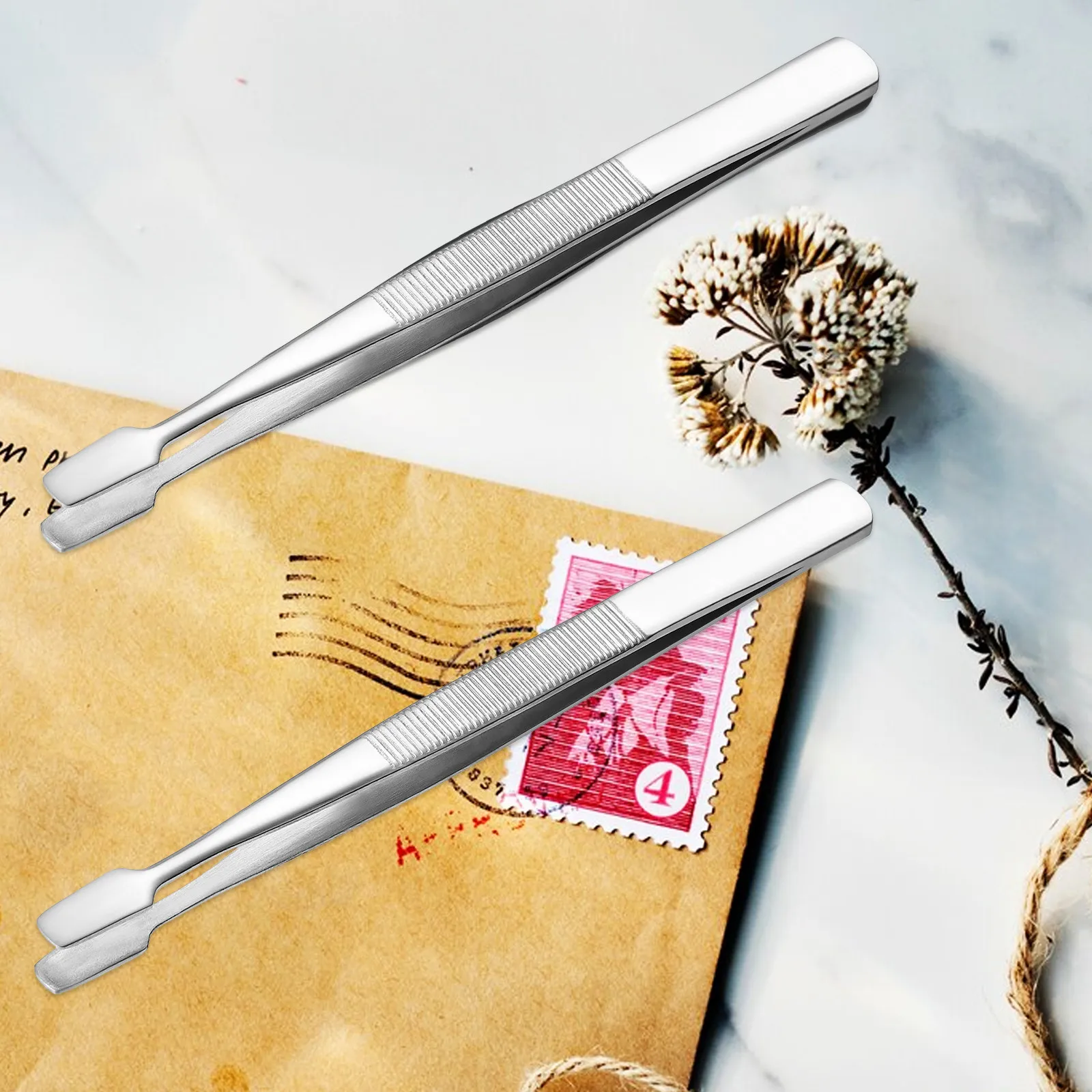 2Pcs Stamp Collector Tweezers Nickel Plated Steel 114Mm Philately Tool for Stamps Beads Micro Objects Precision Handling - view 2