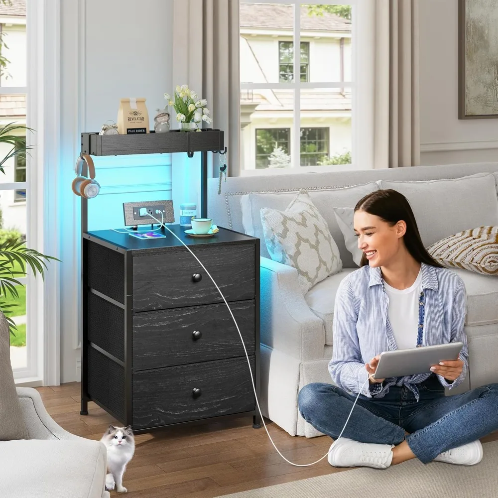 

Tall Night Stand Set of 2, Nightstand with Charging Station and Led Nightstand with 3 Drawers, Bedside Table, Customized