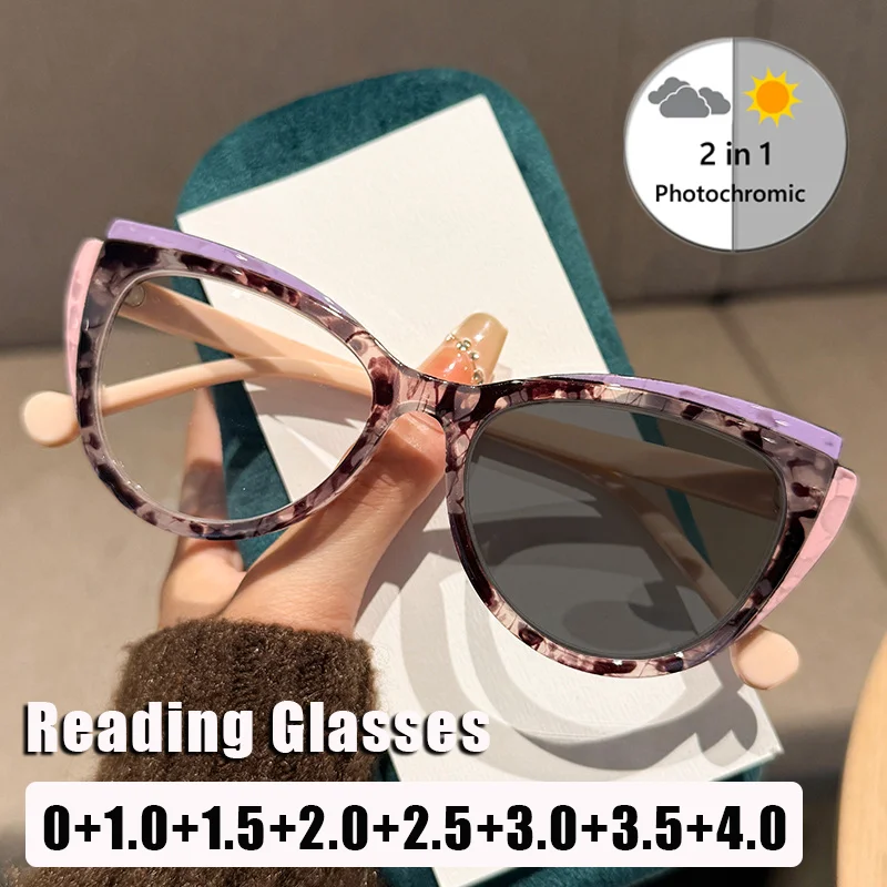 

Fashion Cat Eye Photochromic Presbyopia Glasses for Women Comfortable Large Frame Reading Glasses with Plus Diopters