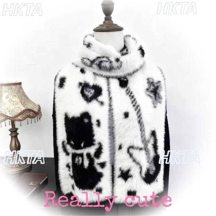 Syal Bulu Imitasi Dua Sisi Motif Gitar Musik Kucing Kartun Lucu Hitam Putih Gaya Gotik Y2K untuk Wanita, Syal Leher Hangat Serbaguna Musim Dingin Terbaru