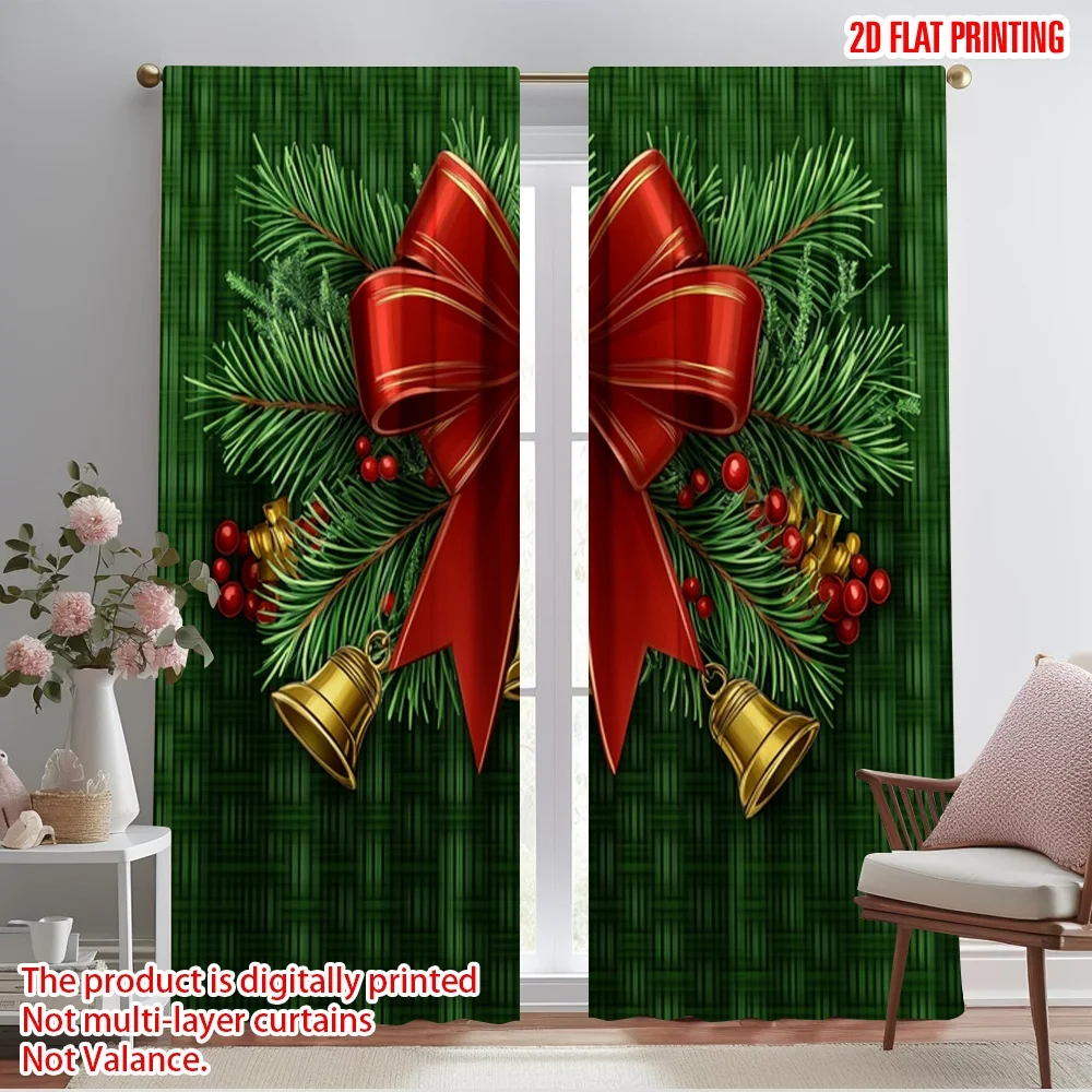 2pcs,2D plane printing Popular Curtain Panels Christmas Bells Pine Branches Red Bow Polyester (without rod) Versatile All