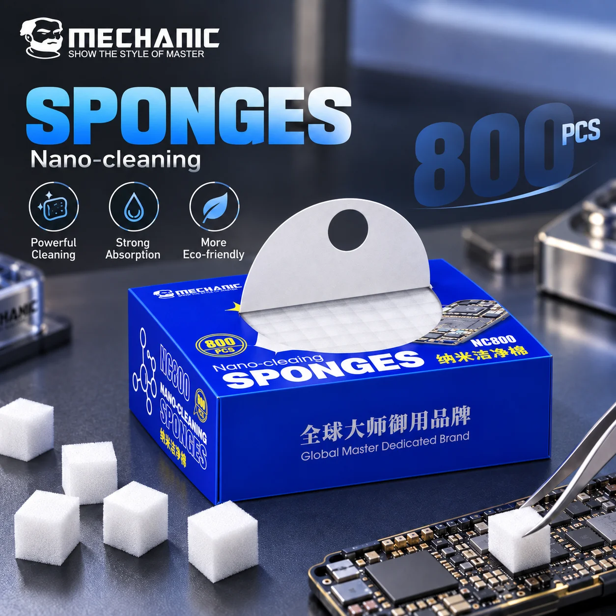 MECHANIC NC800 800Pcs Nano Cleaning Sponges Lint-Free No Residue for Keyboard Motherboard PCB IC Electronics Repair Cleaning Pad
