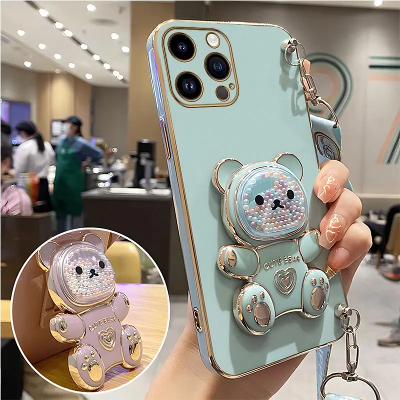 Quicksand Bear Holder Lanyard Phone Case For iPhone 15 14 11 12 13 Pro Max Mini 8 7 6 Plus 10 X Xr Xs Max SE Strap Stand Cover