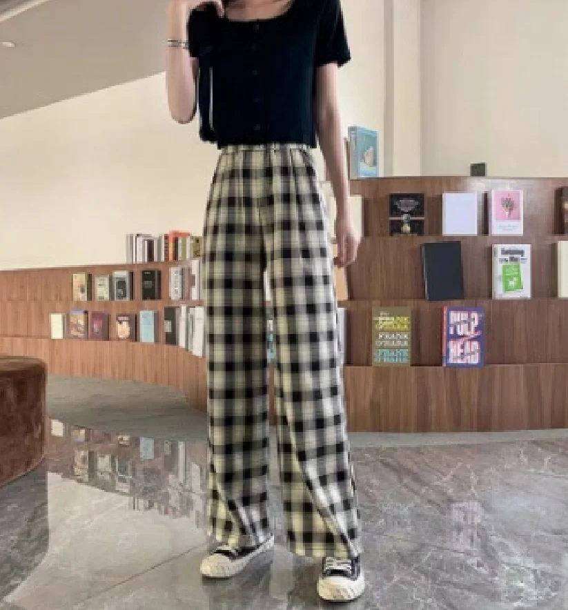 Summer Fashionable Suit For Women Black And White Light Green Pink Blue Long Ankle-Length Trousers With Plaid Wide Leg Pants