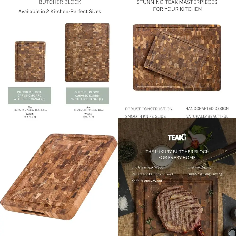 

Medium Thickness Teak Wood End Grain Cutting Board with Juice Groove - Knife-Friendly & FSC Certified