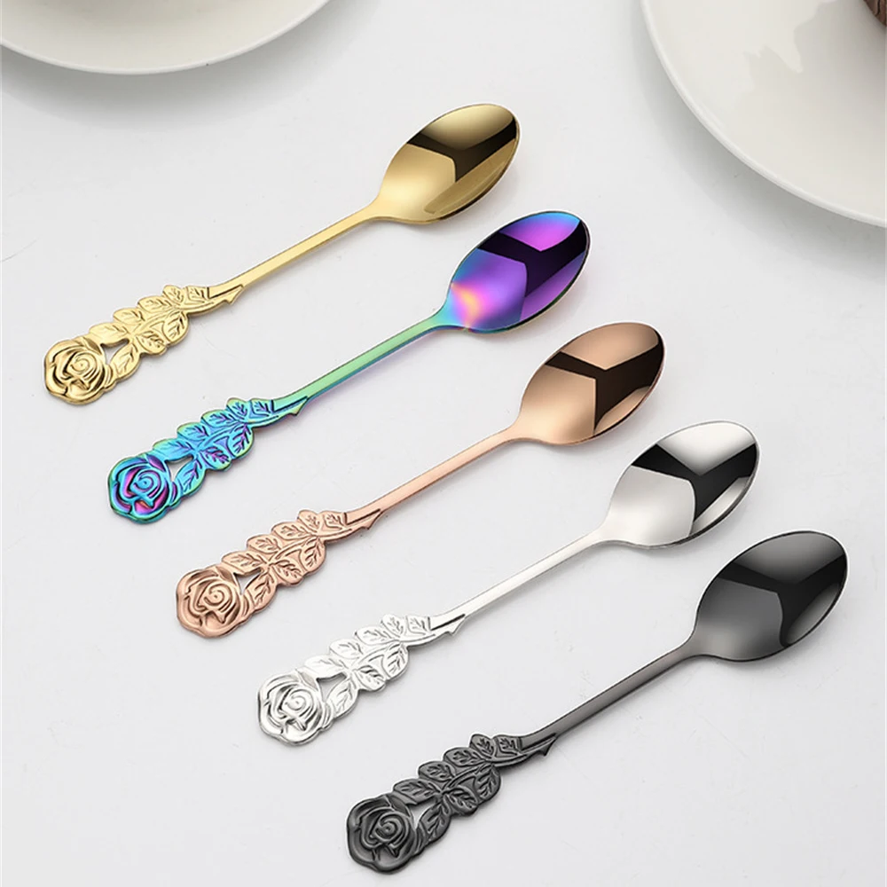 1/3/5PCS Mixing Spoon Dessert Spoon Rose Handle Elegant And Classical Fork Stainless Steel Fork Spoon Mirror Polishing