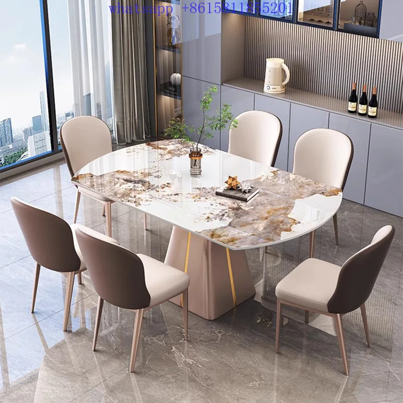 

Telescopic round dining table, carefully selected light rock slab, upgraded carbon steel frame dining tables and chairs set