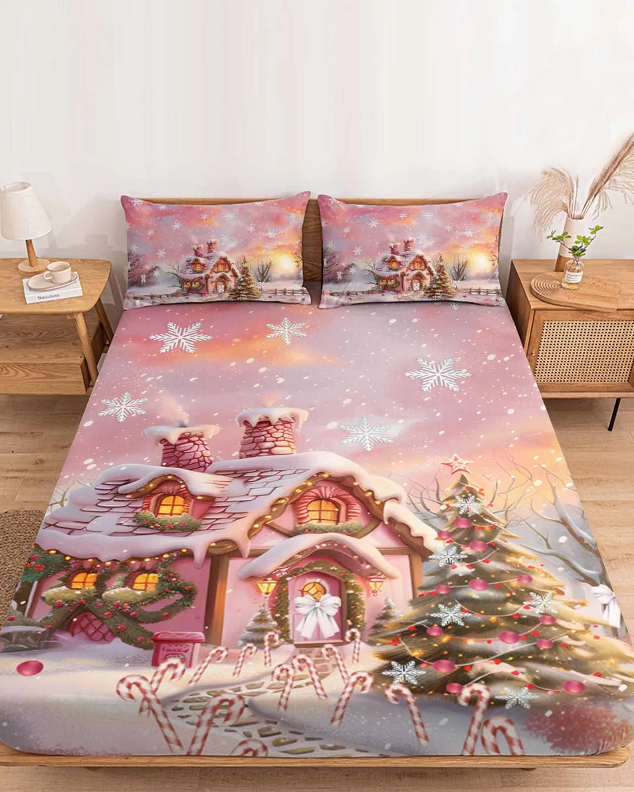 

Candy Snow Scene Christmas Tree Snowflakes Polyester Fitted Sheet Mattress Cover Four Corners Elastic Band Bed Sheet Pilllowcase