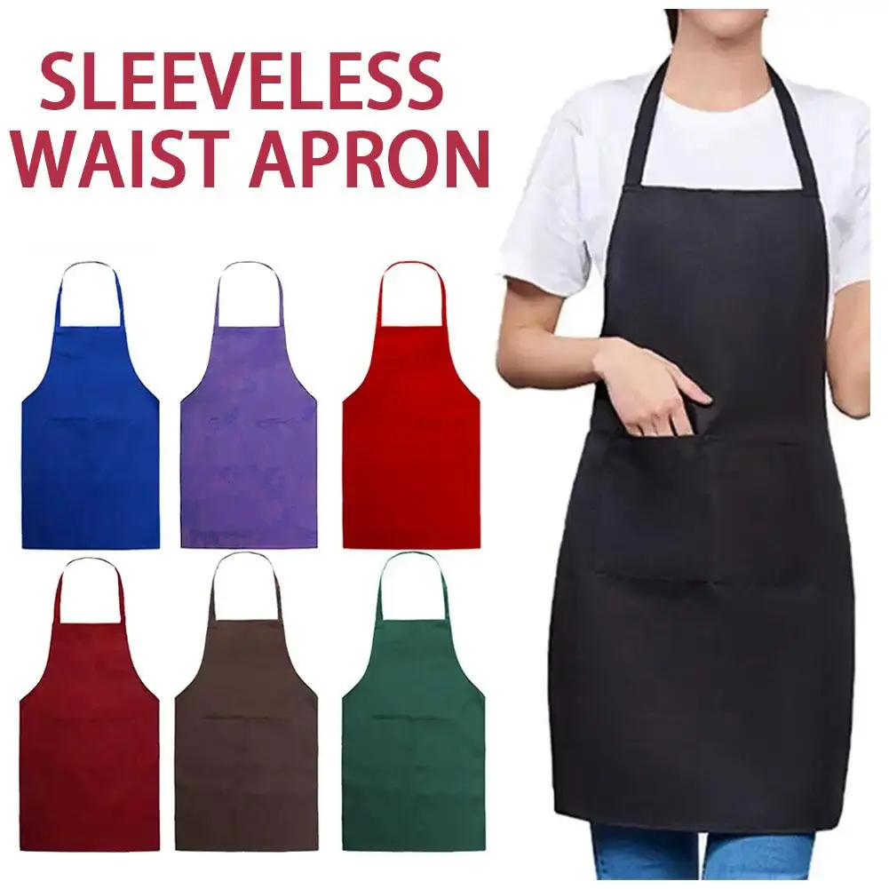 Cooking Apron Unisex Household Solid Color Chef Waiter Tool Supplies Adult Apron Barbecue Kitchen Hairdresser Pocket I5n3