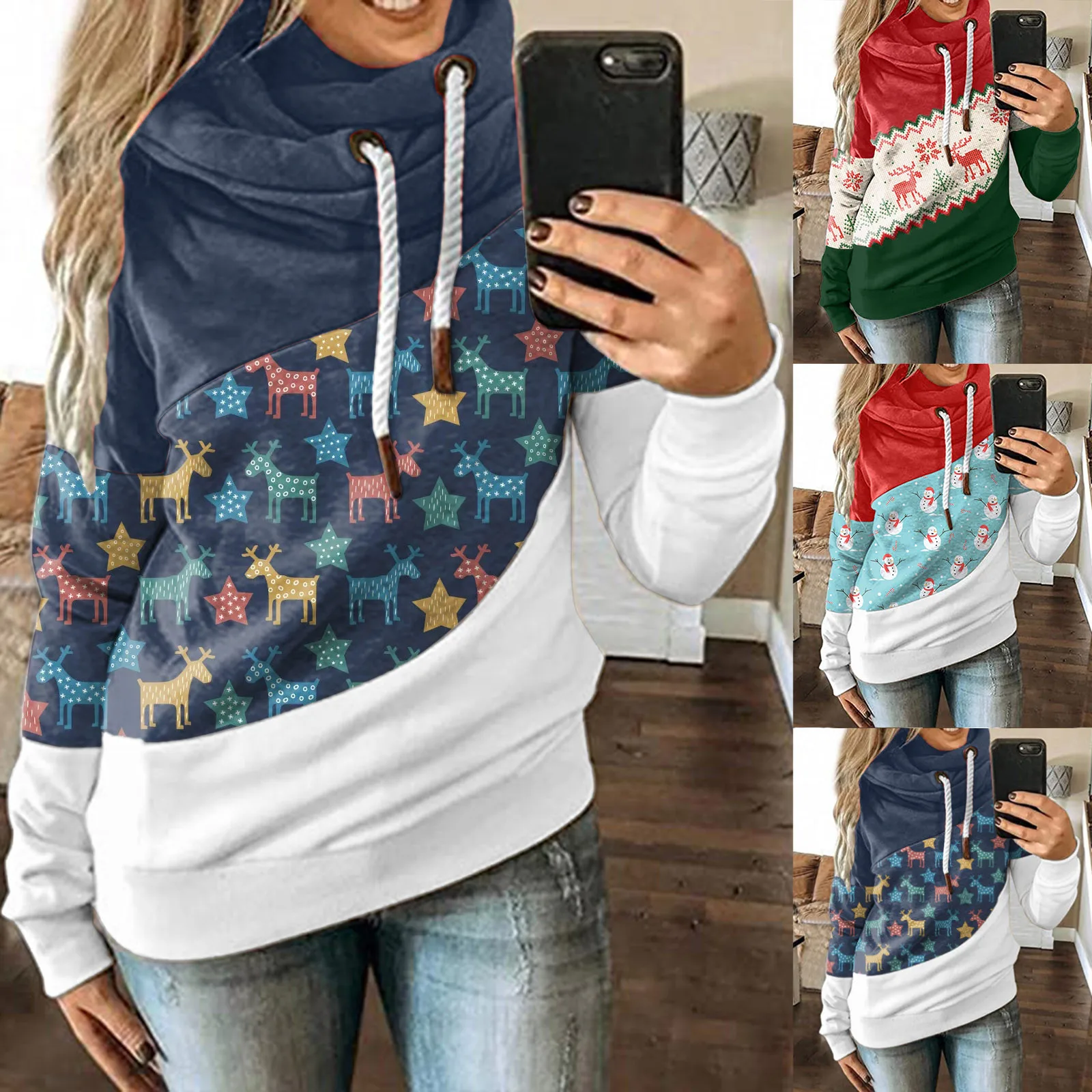 

Zip Pullover Women Ladies O Neck Long-Sleeved Loose Hoodie Christmas Print Tether Top Sweatshirt Sleep Sweatshirts Women