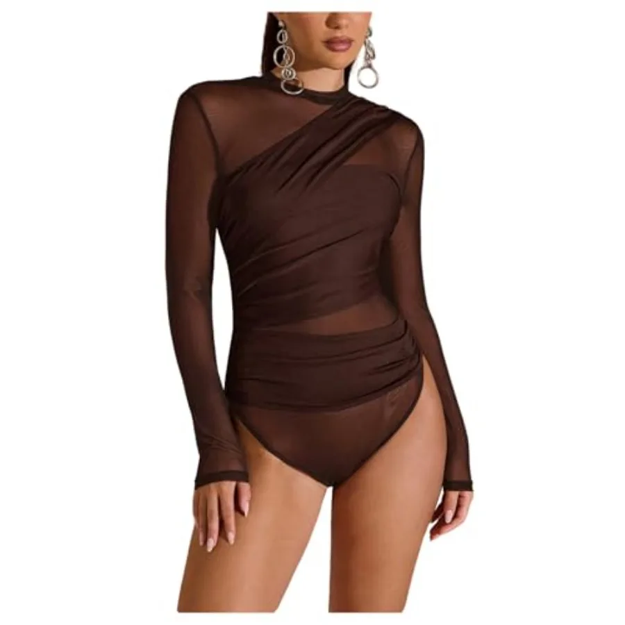 

SweatyRocks Women's Sheer Mesh Bodysuit Ruched Mock Neck Long Sleeve Fitted Leotard