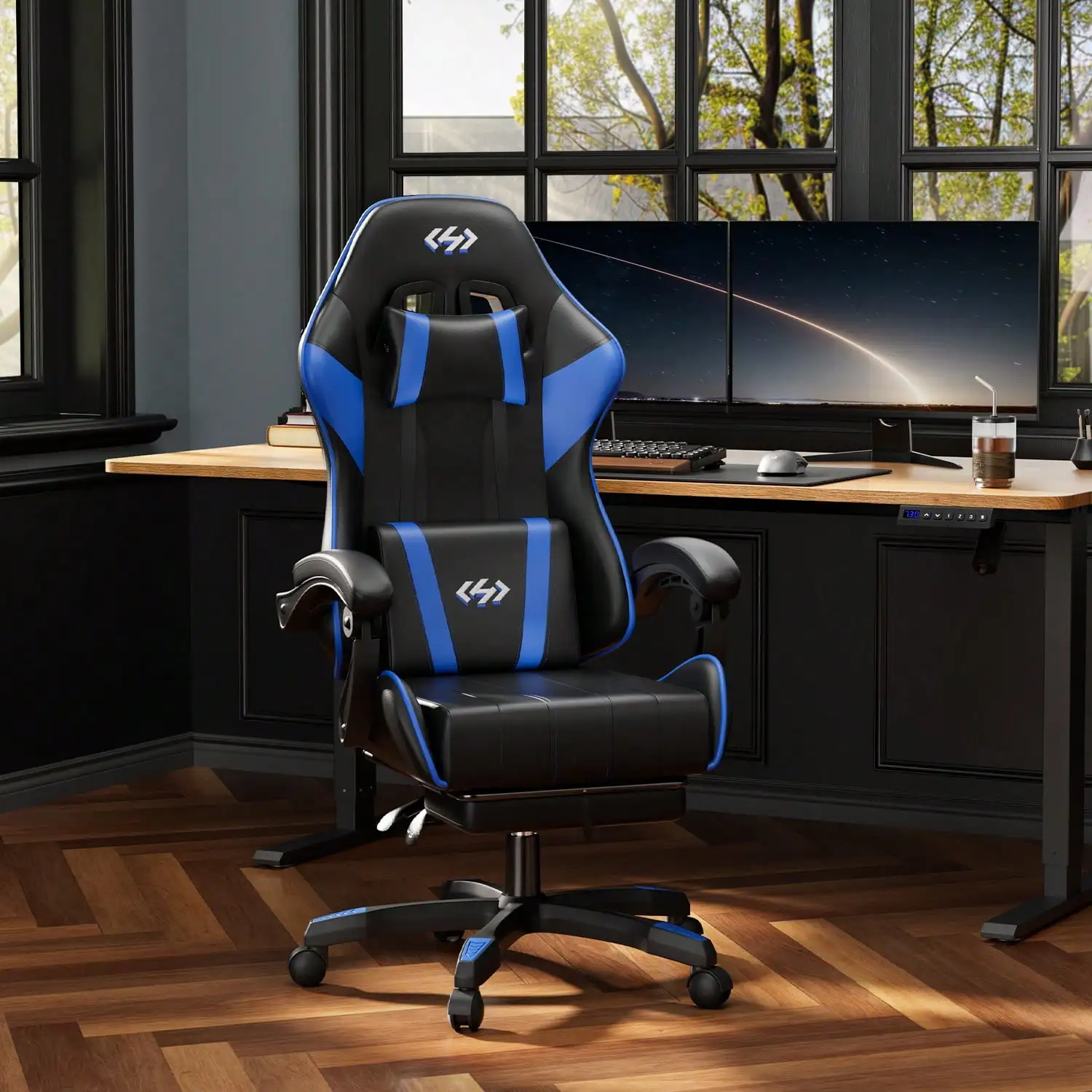 HLDIRECT Gaming Chair, Ergonomic Computer Office Chair With Lumbar Support Footrest Headrest, Adjustable Height & Backrest Angle Video Gamer Chair, PU Leather, 360° Swivel, Adult,Black And Blue view 2