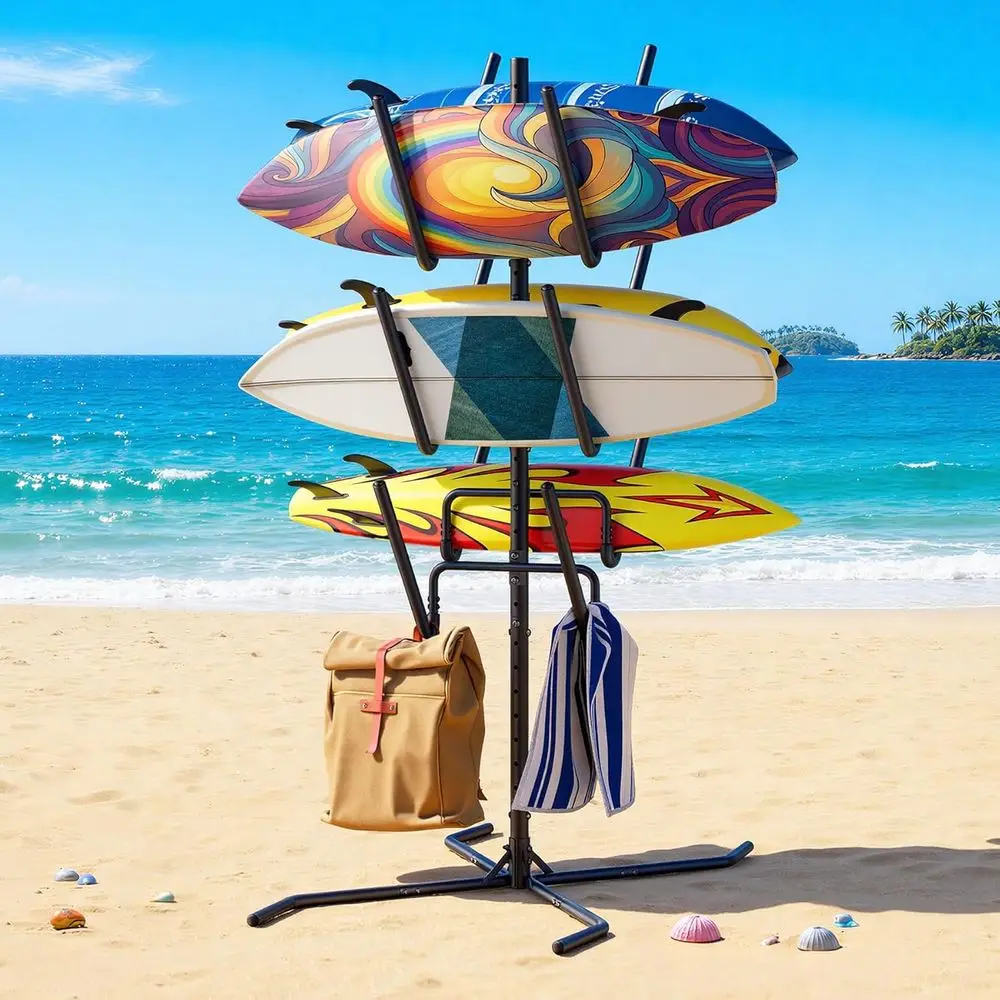 Versatile Heavy-Duty Steel Surfboard Rack for 6 Boards, Outdoor Beach Storage, 68 Tall