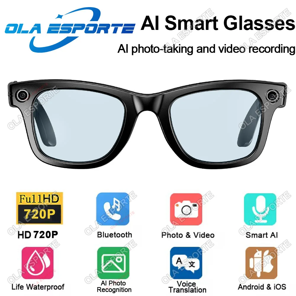 

HD Camera Smart Glasses AI Chat 720P Camera Real-time translation Anti-blue Light Lense BT Call Glasses for Men Women Sunglasses