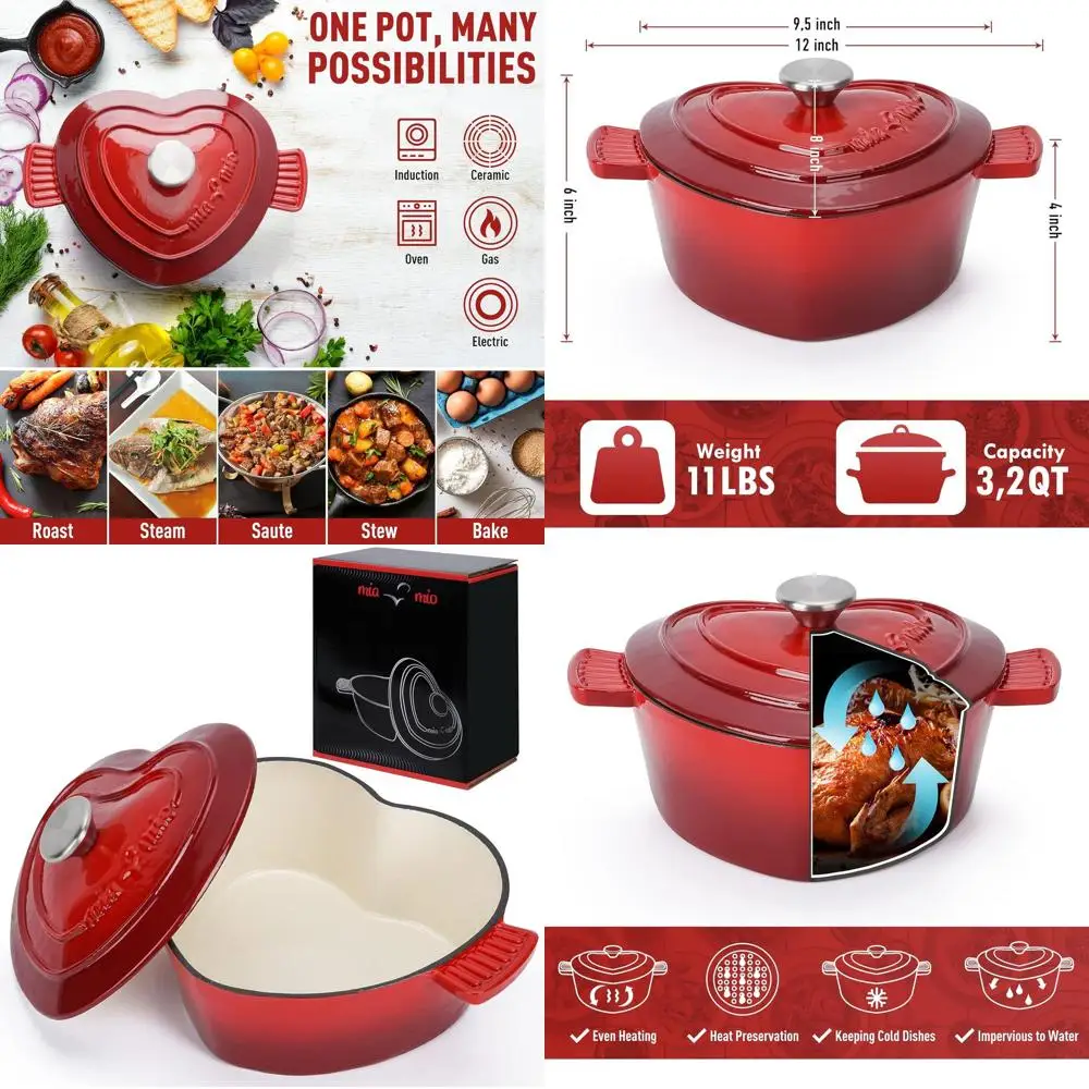 

Эмалированная чугунная жаровня (3,2 л, 10 дюймов) в форме сердца, с антипригарным покрытием / Подарок на Рождество, подходит для всех типов нагрева