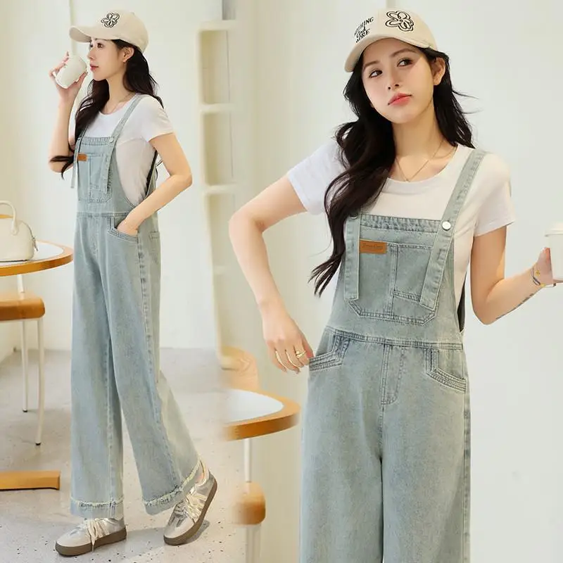 Slim Fit Denim Overalls High Waist Wide Leg Pants Set Women's Faionable Youthful Summer New Sle Drapey  Trousers