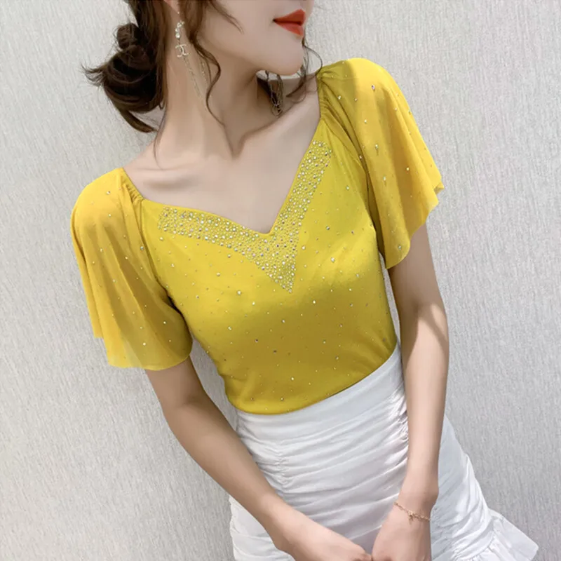 #5150 Black Yellow Red Ruffles Short Sleeve T Shirt Women V Neck Sexy Tight T-shirt Diamonds Stretch Cotton Short Women T Shirt 