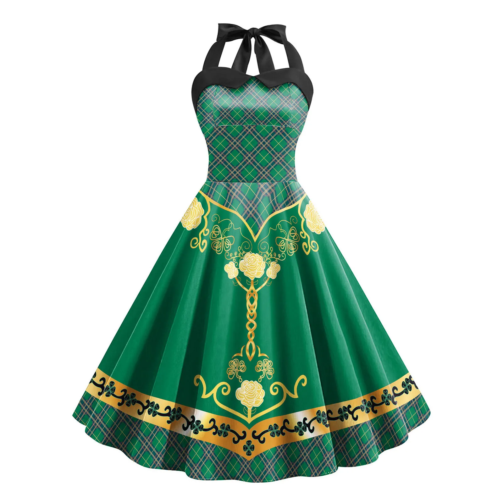 

Irish Ethnic Festival Traditional Printed Dresses 2024 New Women's St Patrick's Day Clothing Sleeveless Waisted Pleated Dresses