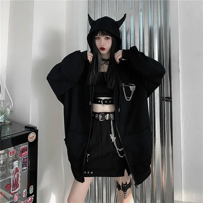 Women\'s Black Devil Horn Hoodies, Harajuku, Punk, Girls, Japanese Pop, Loose Long Sleeve Sweatshirt, Plus Size, Autumn, Winter