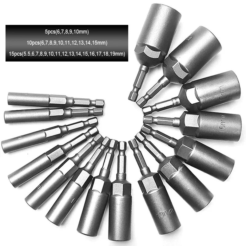 BIESUO 80mm Length Deepen Power Nut Driver Drill Bit Set 5.5-19MM Impact Socket Adapter for Power Tools 6.35MM Hex Shank