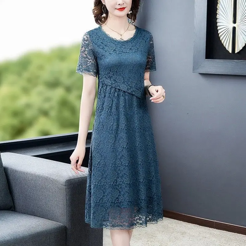 

Summer New Plus Size Lace Ladies Dresses Short Sleeve O-Neck Short Sleeve Solid Color Midi Dress Vintage Elegant Women Clothing