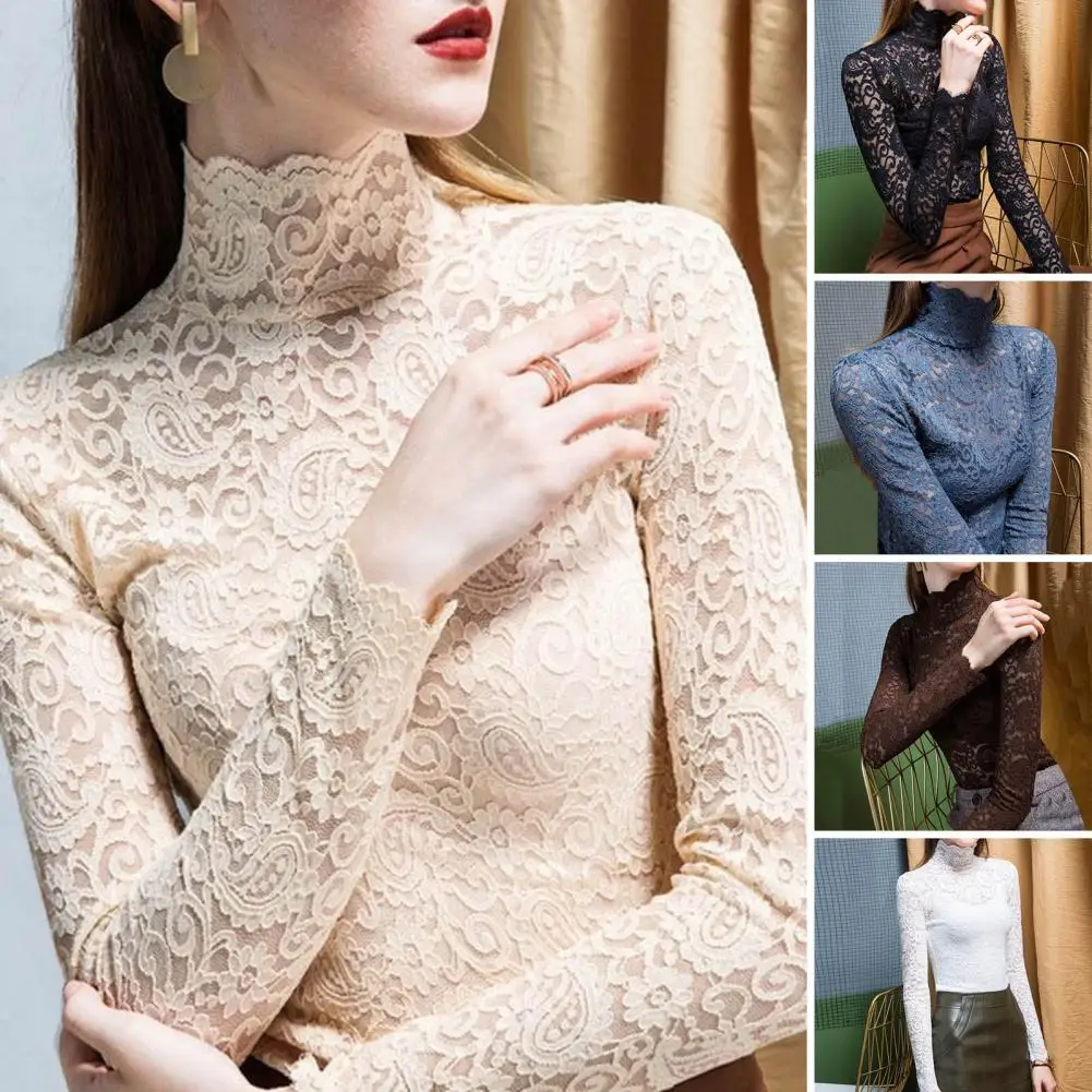 

Women Bottoming Top Breathable Women Bottoming Blouse Solid Color Female Lace Bottomed Blouse Daily Clothing Bottoming