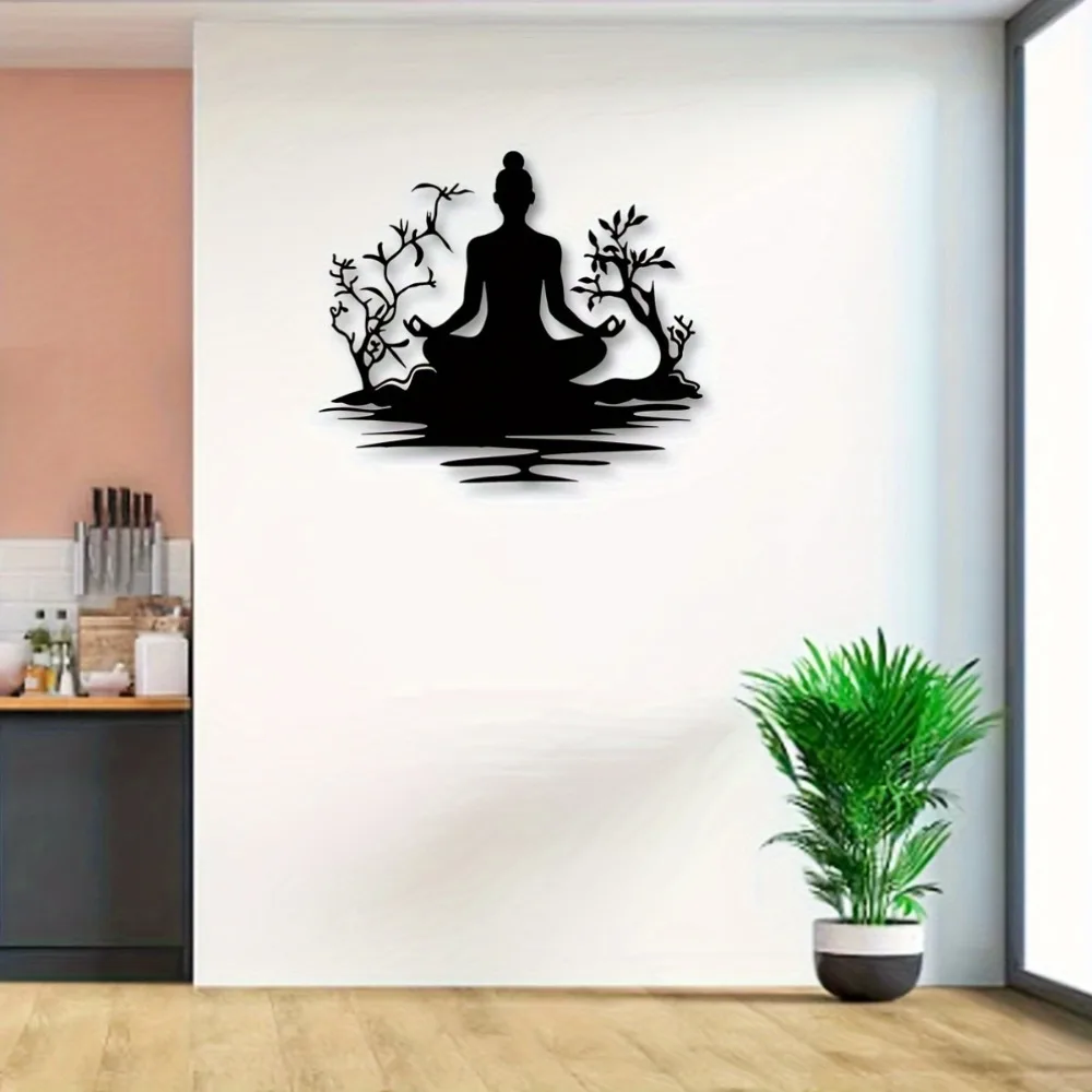 Modern Zen Buddha Wall Hanging Metal Tree Sculpture Tranquil Religious Art for Living Room Yoga Spa Decor