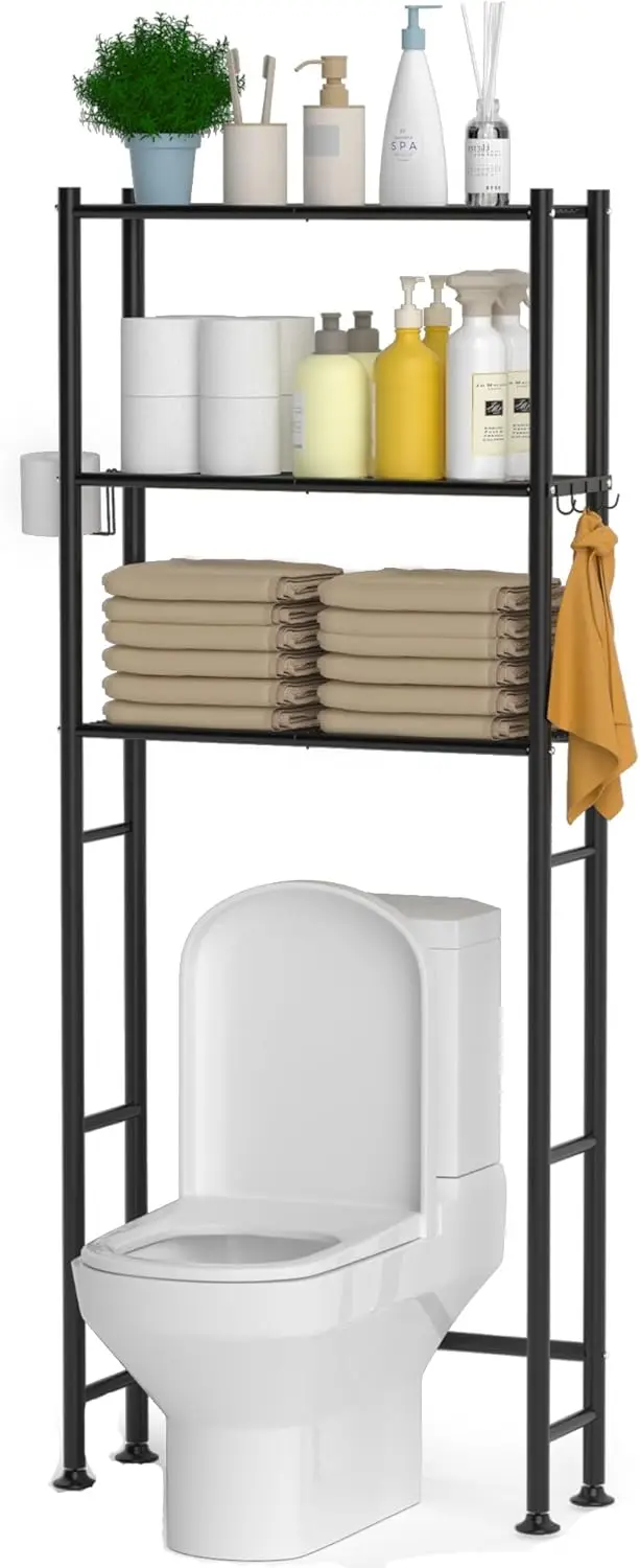 

3-Tier Over The Toilet Storage Cabinet with Paper Holder and 4 Hooks, Metal Over Toilet Bathroom