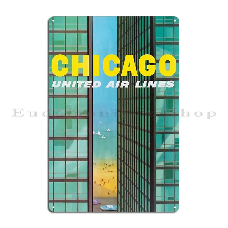 United Air Lines Chicago Skyscraper Vintage Travel Ad Metal Signs Wall Decor Customize Designer Club Decoration Tin Sign Poster