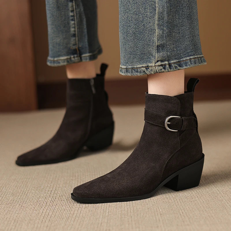 

2025 New Cowboy Western Retro Buckle High Heels Women Boots Cow Suede Handmade Comfortable Shoes Woman Autumn Winter Sexy Boots