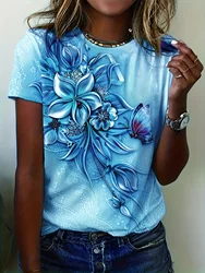 Colorful Butterfly Flower Print Round Neck Women's Casual T-Shirt Summer Elegant Fashion Casual Versatile Women's Y2K Top