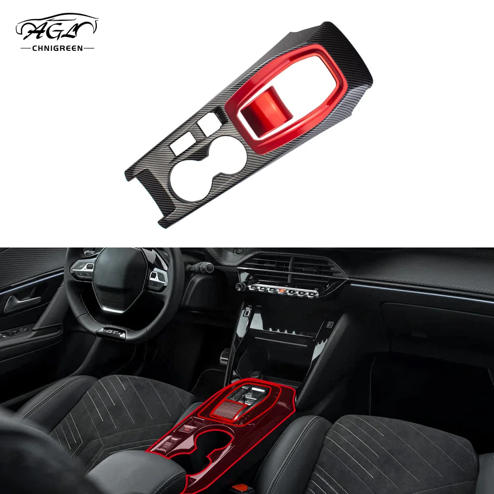 ABS Carbon Fiber Color Red Automatic without Knob Version Gear Shift Frame Trim Panel Cover Interior for Peugeot 208 2020-2025