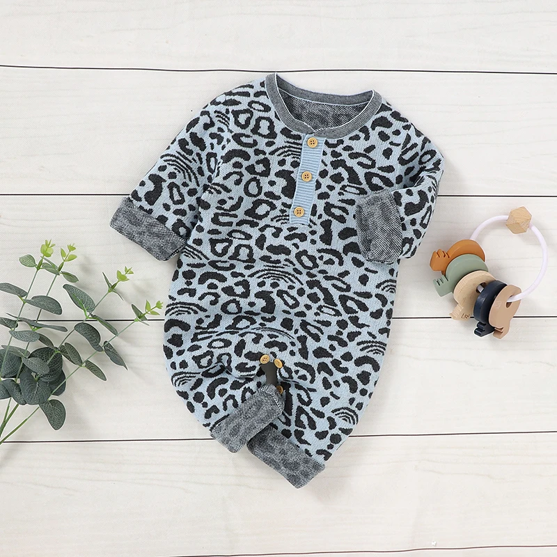 Cotton Baby Romper Blanket Knit Newborn Girl Boy Long Sleeve Jumpsuit Quilt 100*80CM Infant Clothes Set Fashion Leopard Print 2p