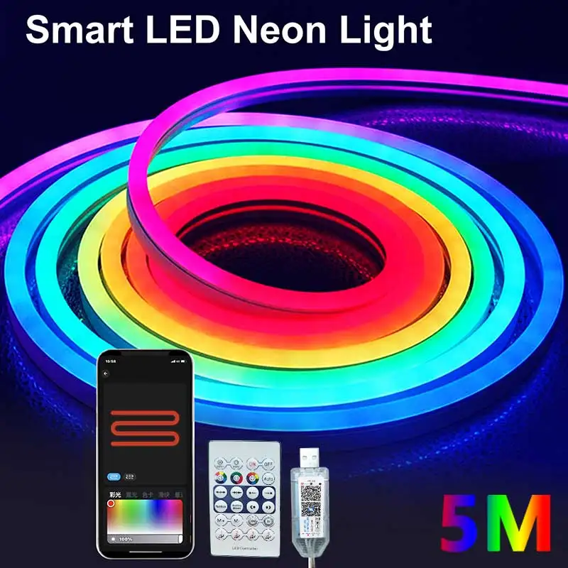 5V Neon LED Strip Light RGBIC Rope Lights 1M 2M 3M 5M Music Sync DIY APP RGBIC Multicolor Chasing Strip Tape for Room Wall Decor