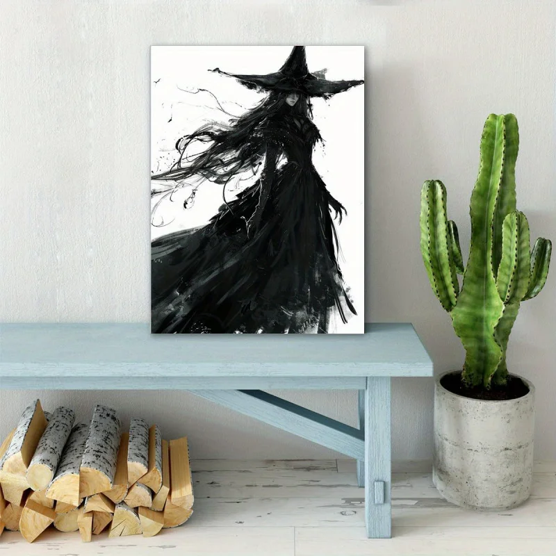 Elegant Witch in Black Dress & Hat Canvas Art - Wooden Framed Wall Decor Living Room, Perfect for Halloween, 11.8x15.7 inche