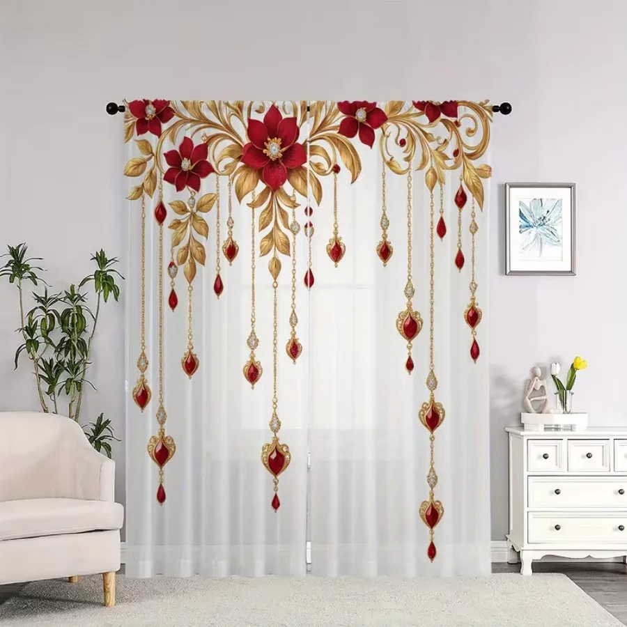 2PCS Digital Print Sheer Curtains, Lovely Red Gold Flower Pendant, Luxury Ornate Floral Style for Bedroom Living Room Home Decor view 6