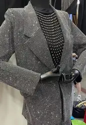 Blingbling Water Drill Suits Jacket 2023 New Spring Loose Long Sleeve Cardigans Mid-long Tailored Collar Women Blazers Coat