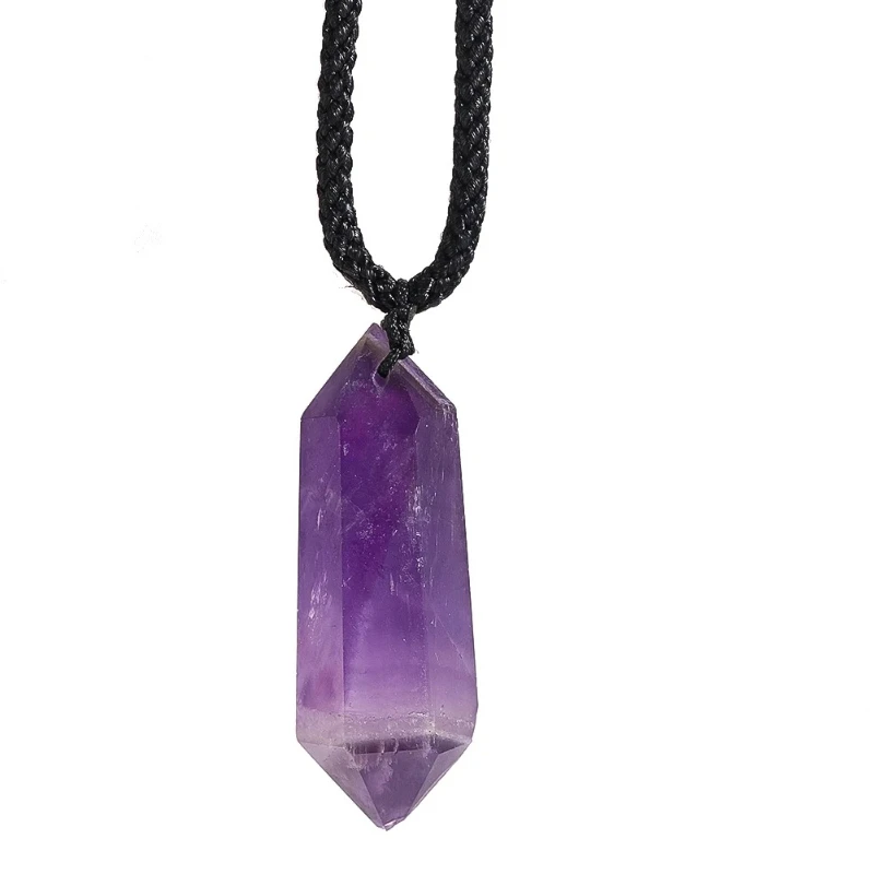 Natural Amethyst Double Pointed Hexagonal Prism Necklace Quartz Energy Stone Pendant Herkimer Reiki Chakras Dangle Choker Chain