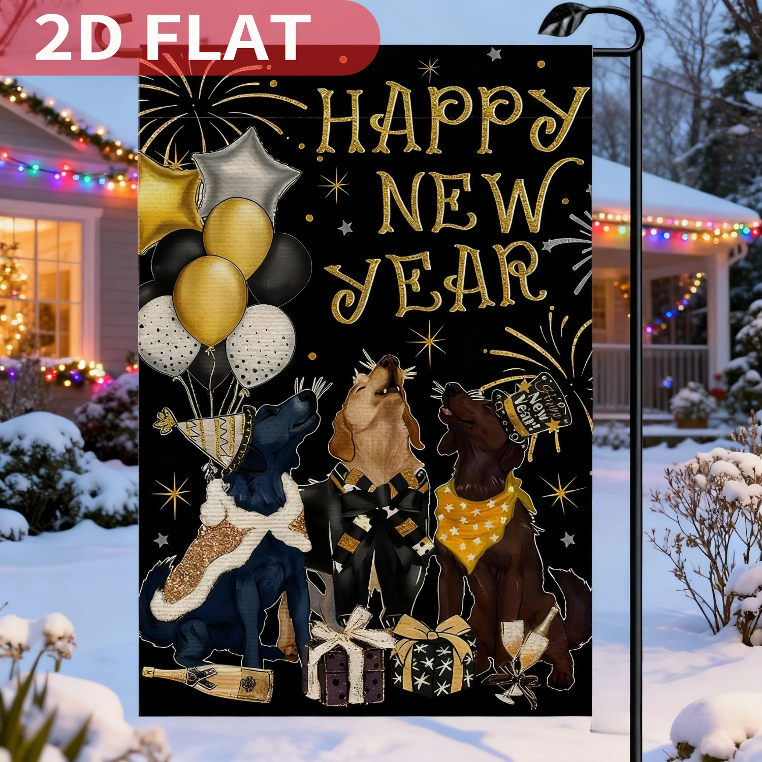 

1pc Dogs Happy New Year Garden Flag 12x18 Inch / 28x40 Inch, Durable Polyester Double Sided Winter Balloon Flags, for New Year