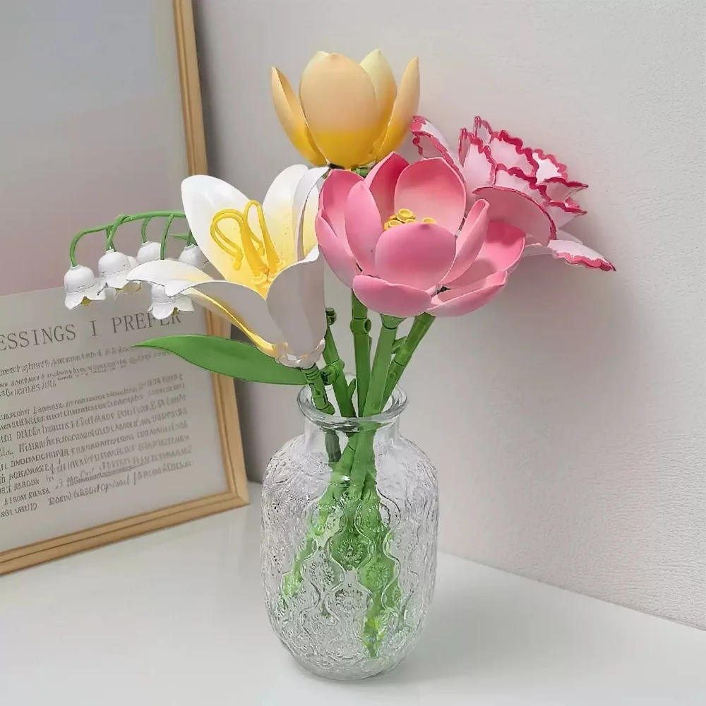 Rose Flower Building Block Toys Lotus Hyacinth Rose Sunflower Chrysanthemum Peony Enjoy Life Romantic Bouquet Home Decoration