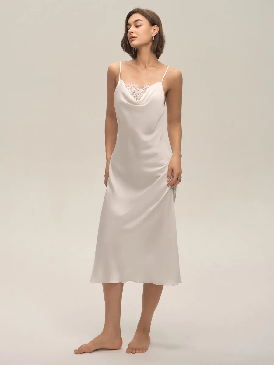 夏ネックサテンシフォンレーストリムセクシーなソリッドカラーストラップロングドレスラウンジウェア女性のための夏ディープ V ノースリーブドレス E9TR