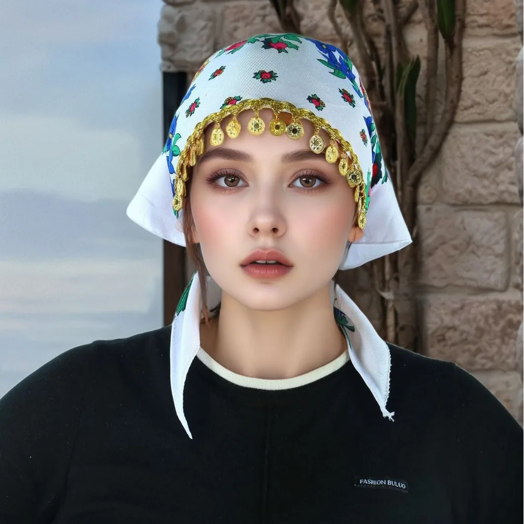 Nuevo Pañuelo triangular árabe de alta sensación con diseño de lentejuelas doradas con estampado de peonías de estilo étnico para mujer