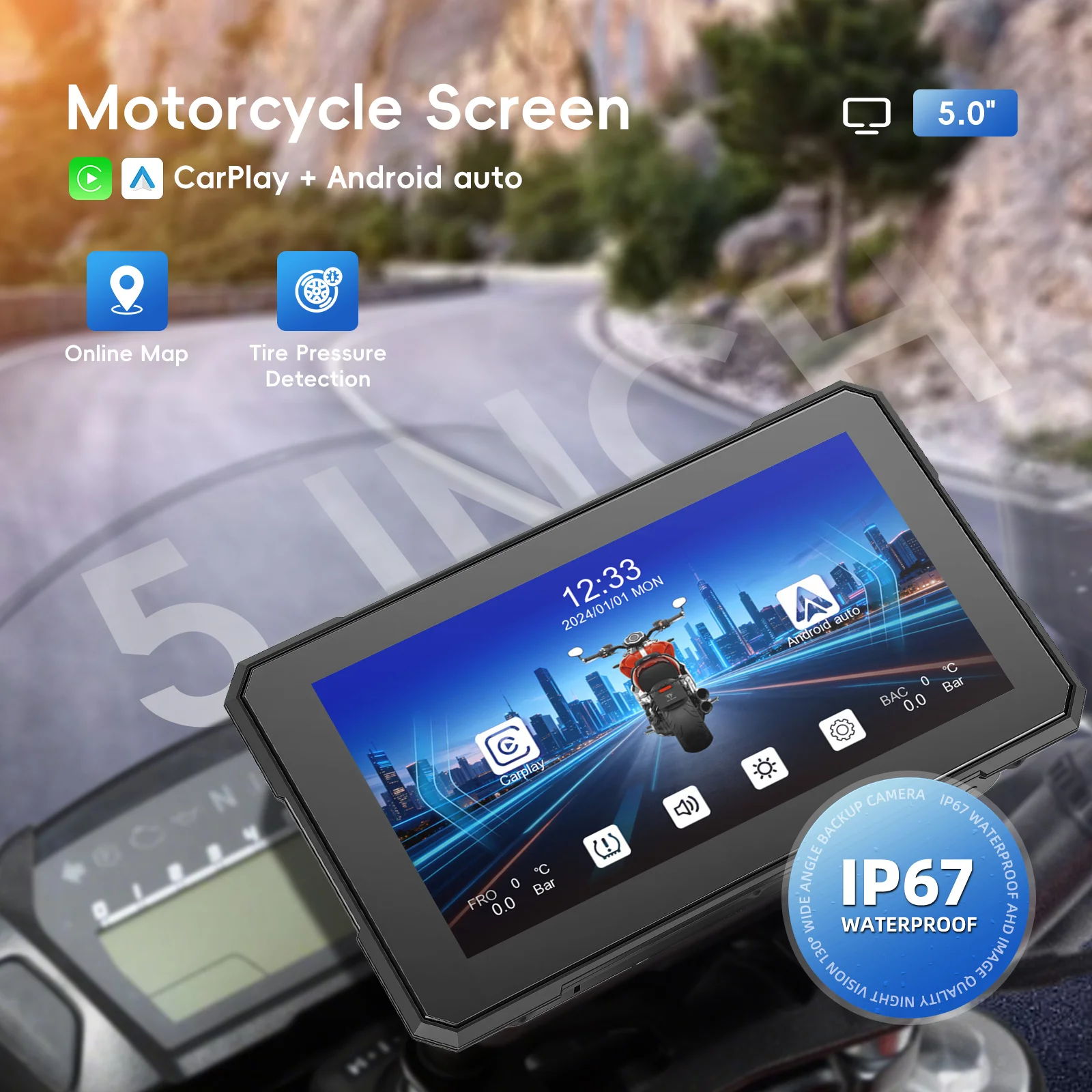 Podofo, sistema di navigazione per cruscotto moto con schermo touchscreen da 5 pollici, monitor per moto con funzione di registrazione, compatibile con Carplay e Android Auto, impermeabile IP67, con