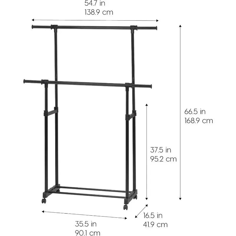 USA Portable Double-Rod Height Adjustable Clothes Rack with Extendable Bar and Lockable Wheels, Rolling Garment, Double