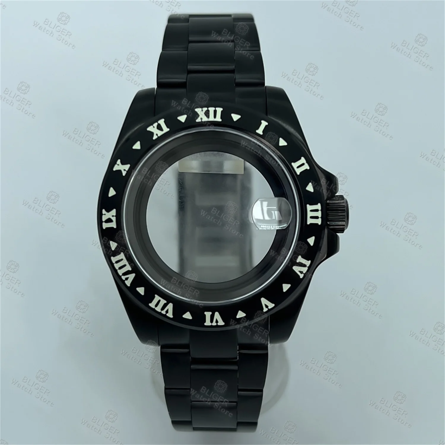 BLIGER 40mm Black Watch Case Roman Numerals Fix Luminous Bezel Sapphire Glass Fit NH34 NH35 NH36 ETA2824 PT5000 Ronda515 Movemet