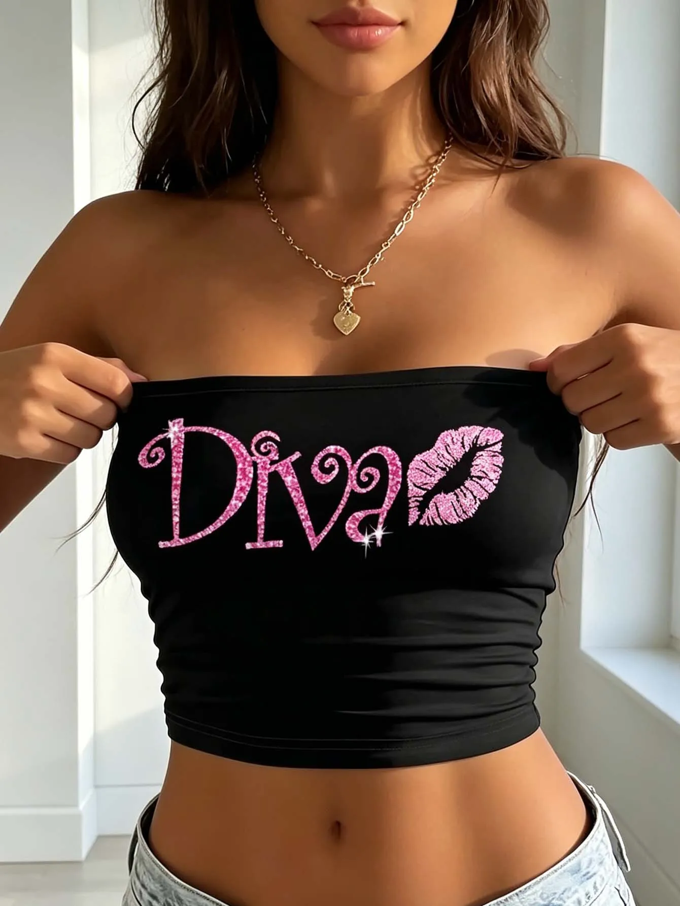Lady Pink sequin goddess lettered lip print sleeveless corset short-sleeved plunging top, Y2K club party dress