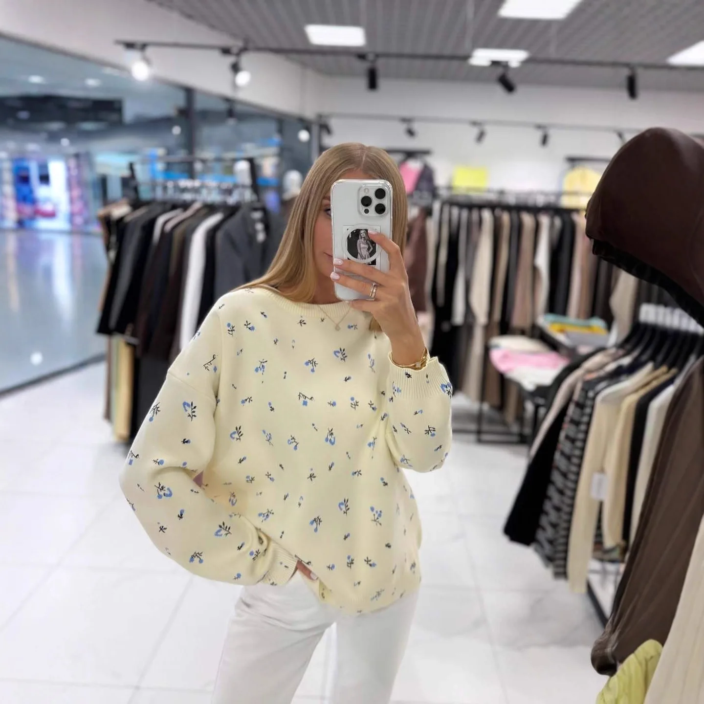 Suéter pulôver feminino com gola redonda, camada interna de outono e inverno, solto, casual, versátil, pequeno, floral, malhas de manga comprida