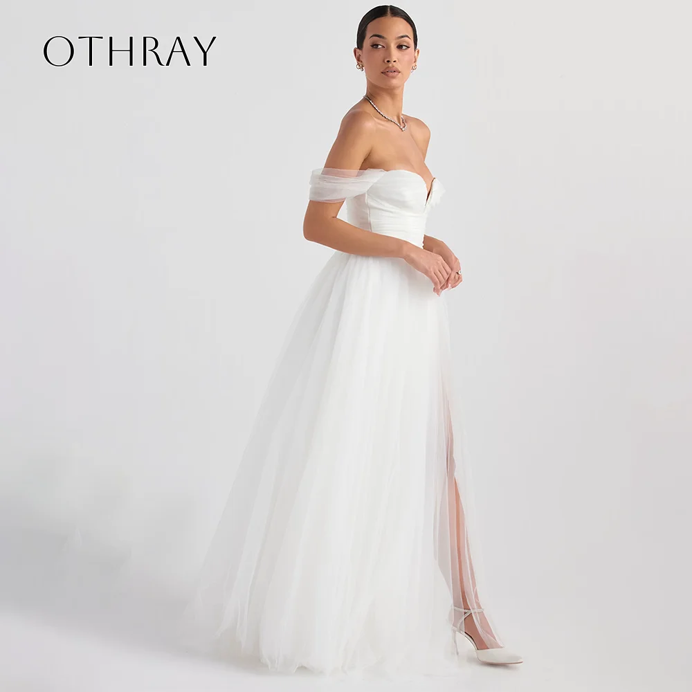 Off Shoulder Bridal Gown Sleeveless Pleated Split Floor Length Tulle Customized Vestidos De Novia