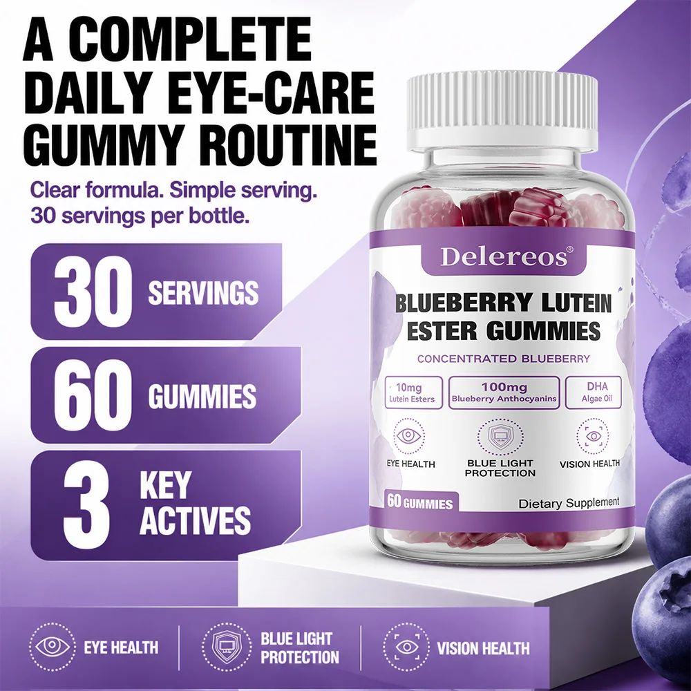 Lutein Gummies for Eye Health, 3-in-1 Eye Care Formula with Blueberry, DHA Algae Oil, Eye Strain, Dry Eyes, Vegan