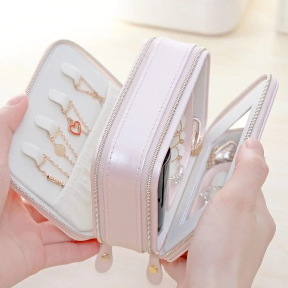 PU Leather Jewelry Packing Bag Double Layer Multi-function Jewelry Display Box Zipper Square Earring Storage Case Travel